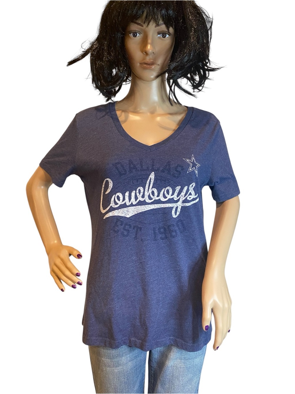NFL Women's Dallas Cowboys Distressed Graphic V-Neck Tee Shirt T-Shirt Large VGC